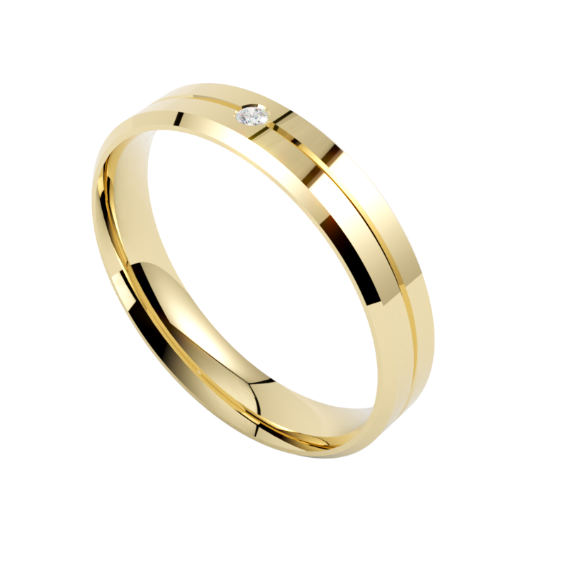 Obrączka ślubna z żółtego złota płaska fazowana z brylantem